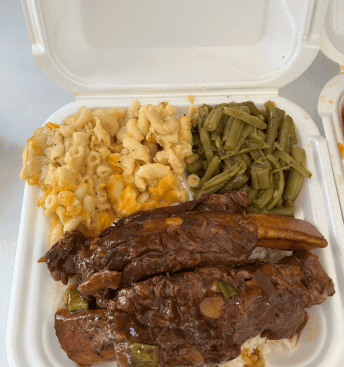 Zion Delight oxtails with mac and cheese and green beans — takeout Atlanta
