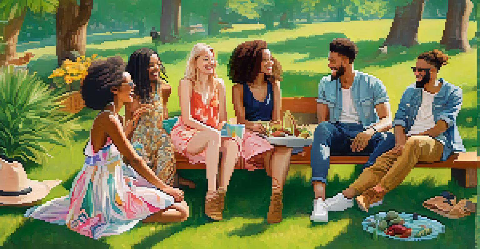 A diverse group of friends in a park, wearing trendy vegan fashion and enjoying a picnic.