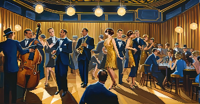 A lively 1920s jazz club with flappers dancing and musicians playing, decorated in Art Deco style.