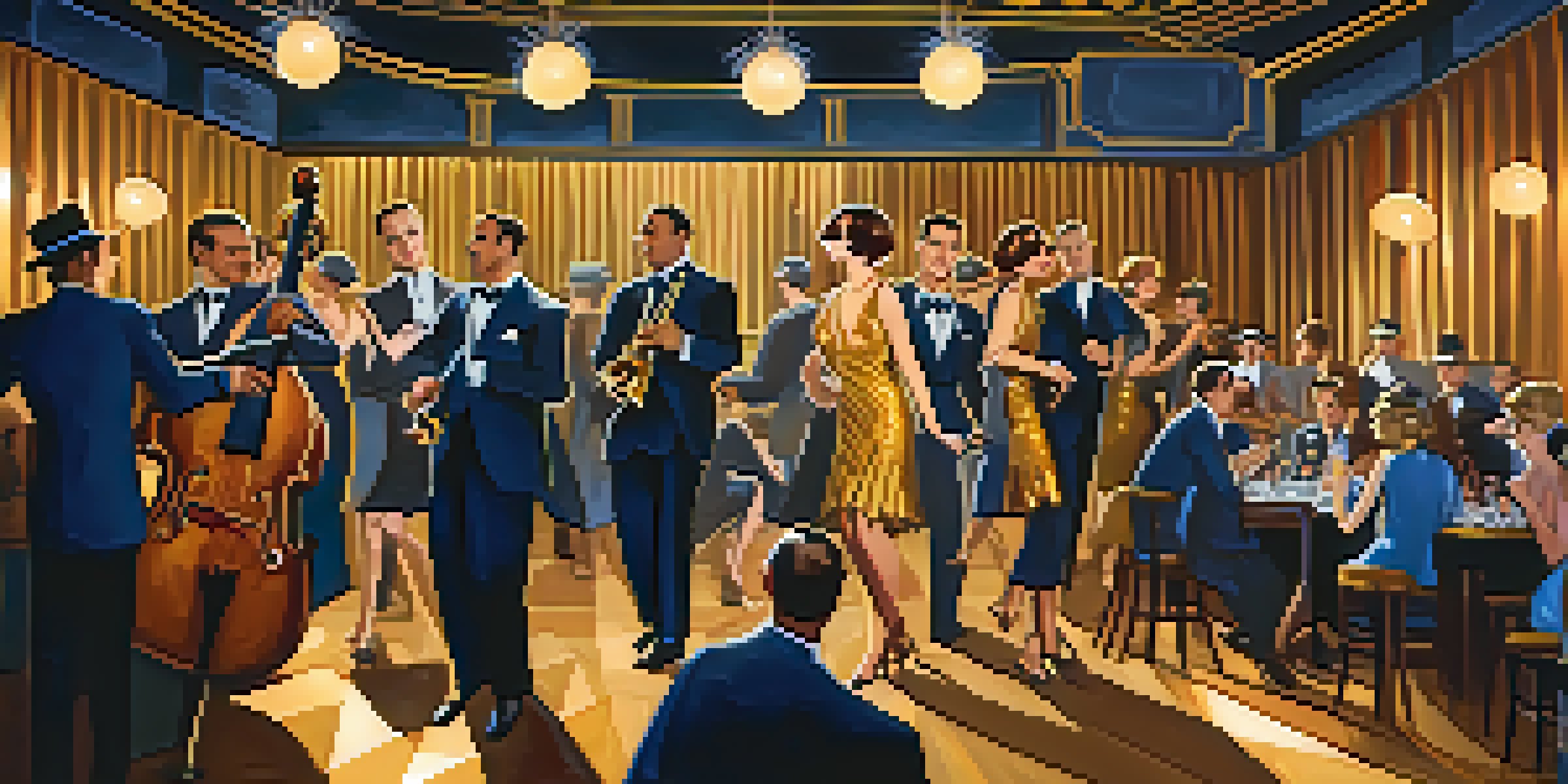 A lively 1920s jazz club with flappers dancing and musicians playing, decorated in Art Deco style.