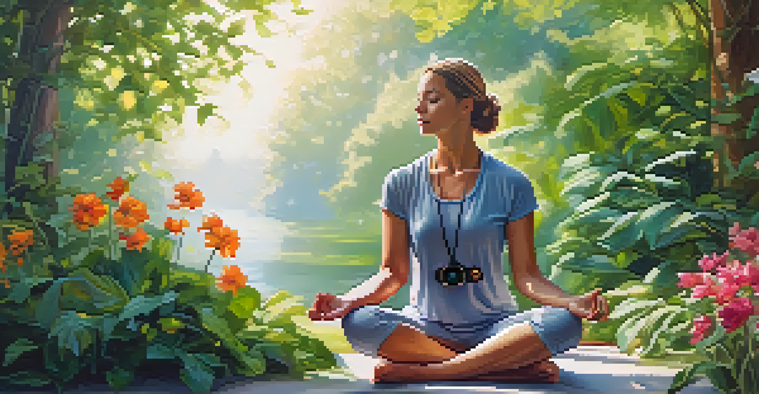 A person meditating outdoors with a fitness tracker, surrounded by greenery.