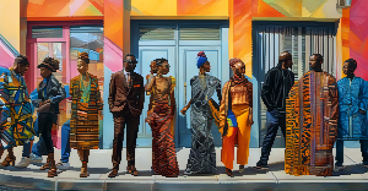 A diverse group of individuals dressed in modern clothing with African-inspired patterns stands in an urban setting with colorful graffiti art.