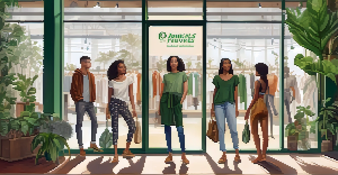 A diverse group of young adults shopping at a sustainable fashion store filled with eco-friendly clothing and plants.