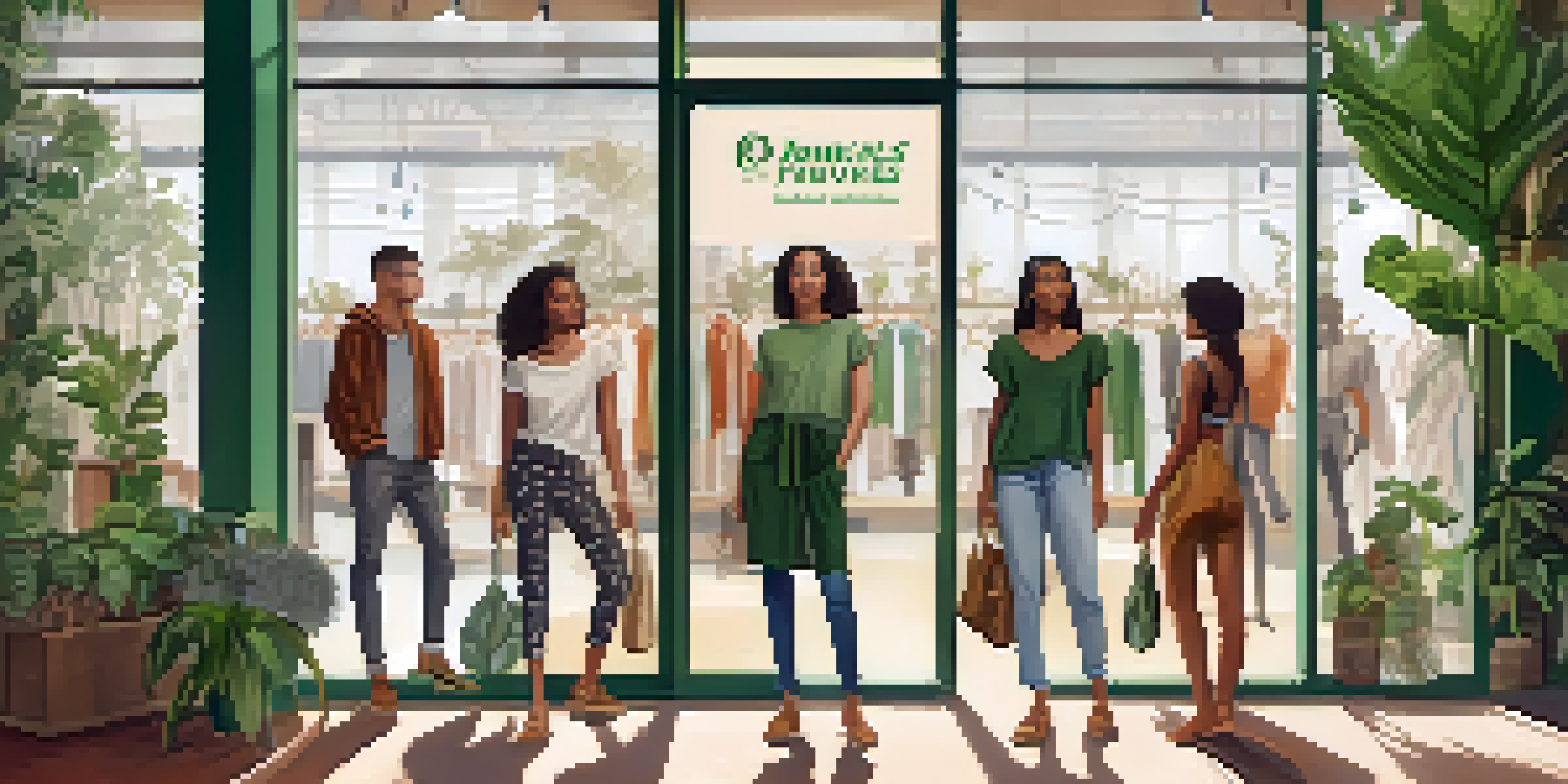A diverse group of young adults shopping at a sustainable fashion store filled with eco-friendly clothing and plants.