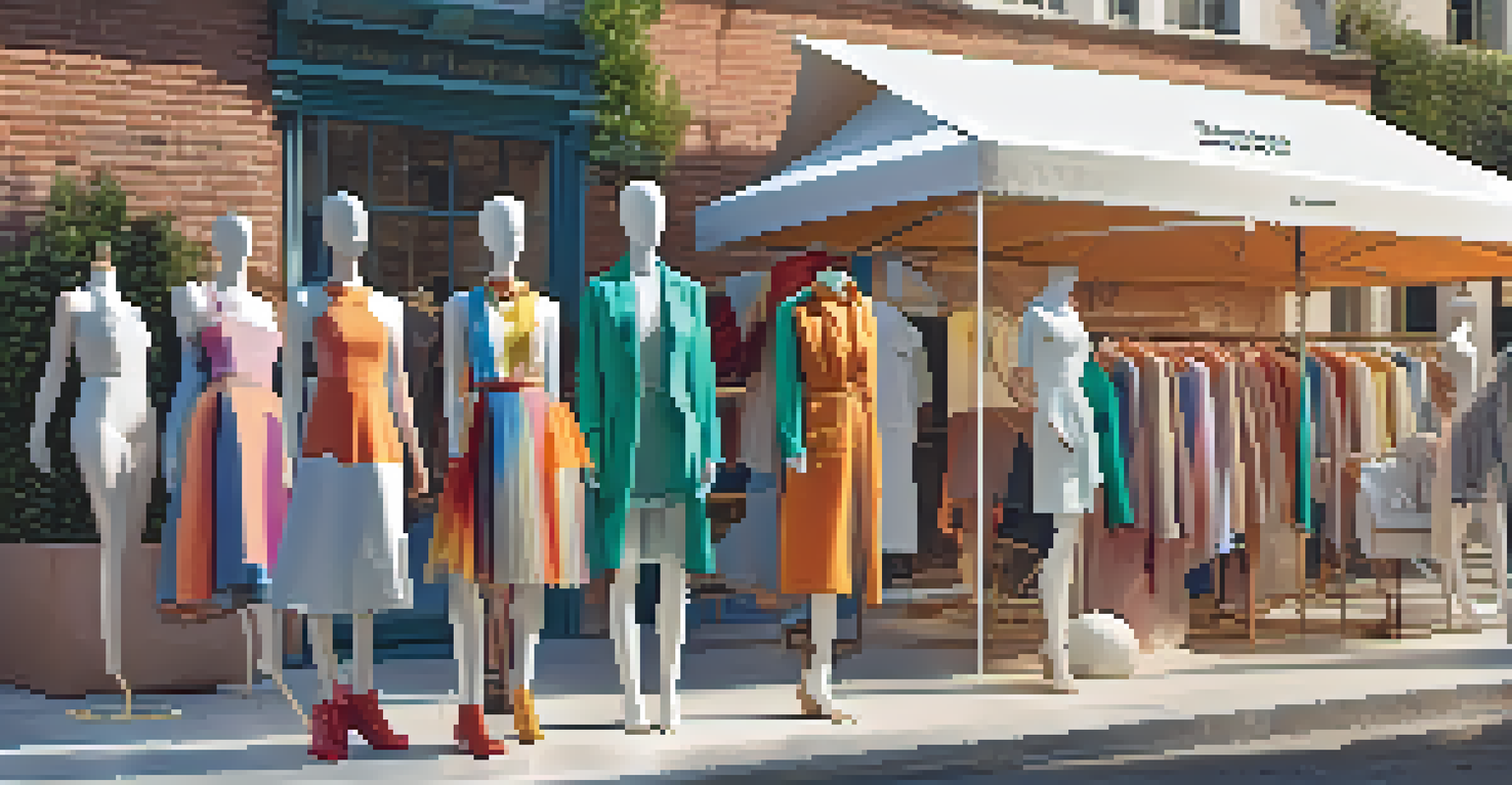 An outdoor pop-up fashion event showcasing unique clothing pieces with consumers interacting with designers, decorated with eco-friendly banners.