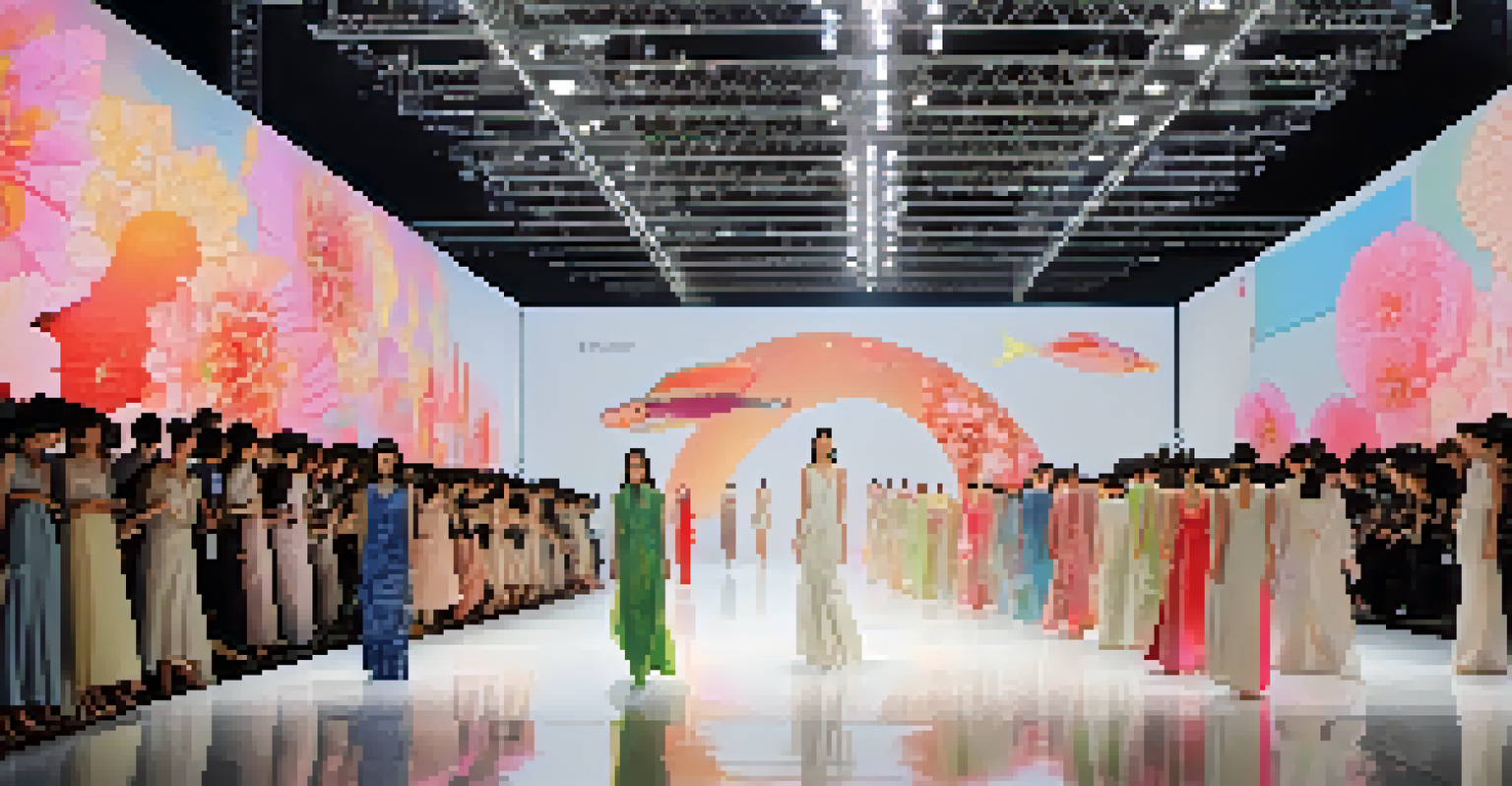 A runway show at Tokyo Fashion Week with models in elegant clothing and a vibrant atmosphere.