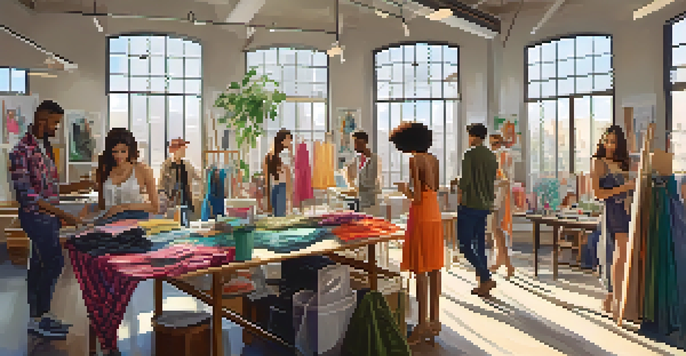 A bustling fashion studio with diverse designers working together, surrounded by colorful fabrics and sketches.