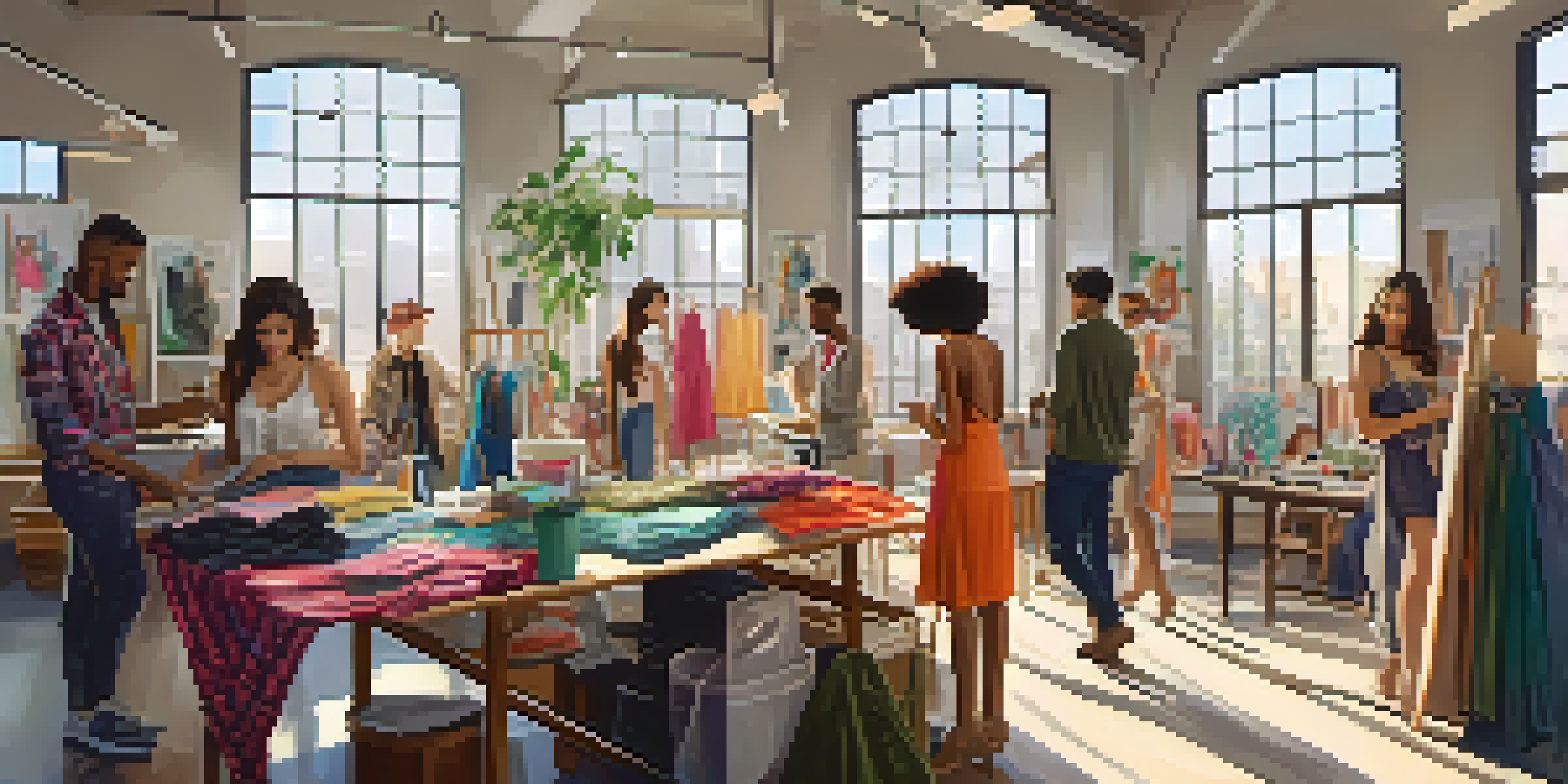 A bustling fashion studio with diverse designers working together, surrounded by colorful fabrics and sketches.