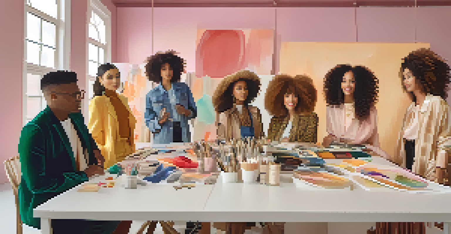 A group of diverse fashion influencers collaborates on a photoshoot in a bright studio filled with colors and accessories.
