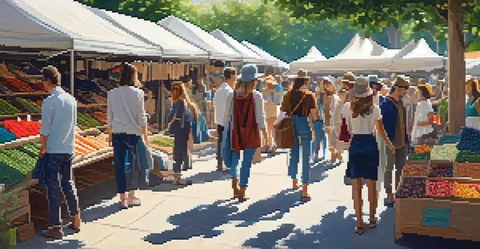 A lively outdoor market filled with people shopping for sustainable fashion items, surrounded by greenery and colorful stalls.