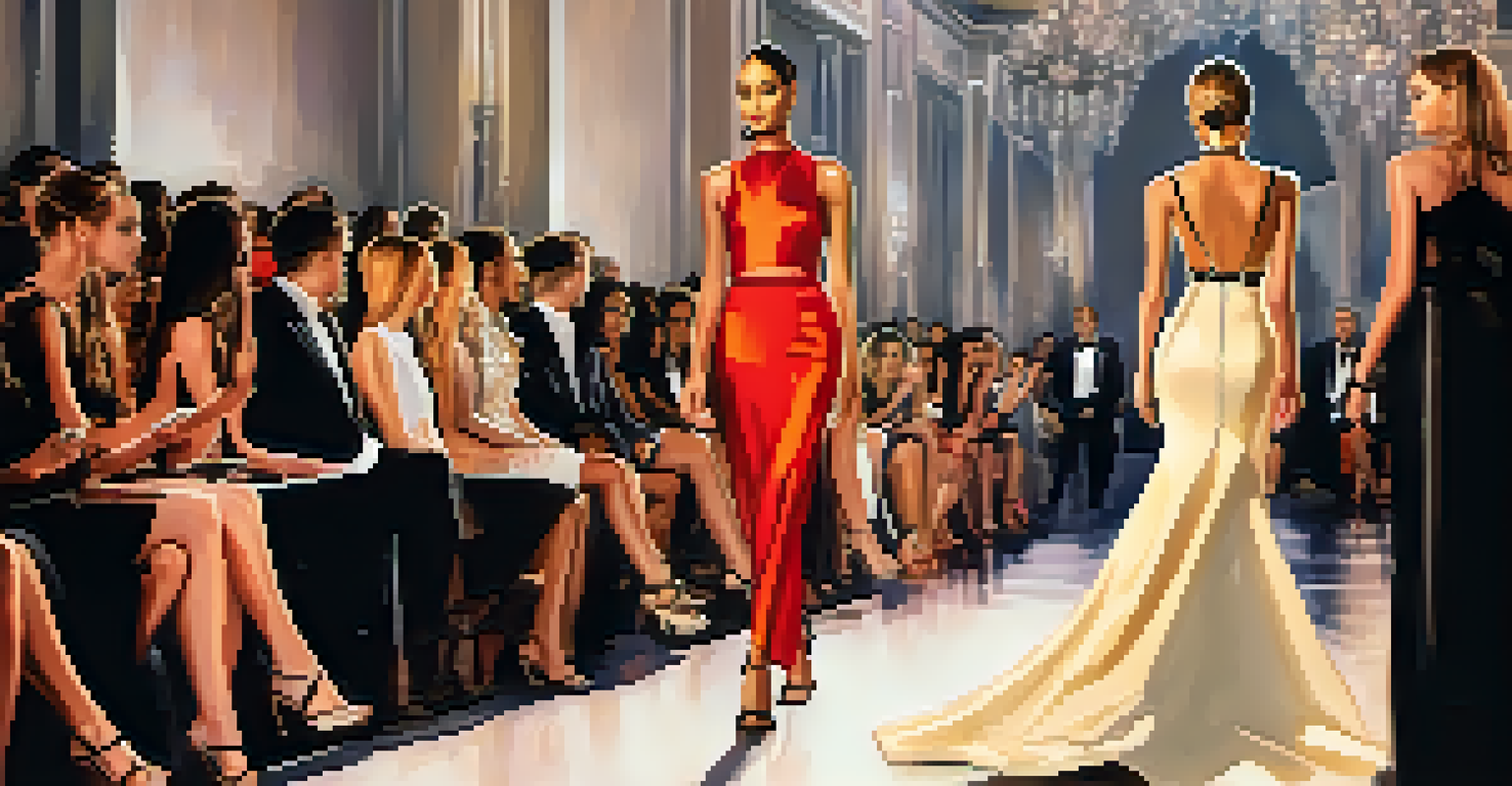 A fashion show runway featuring models in elegant outfits, illuminated by dramatic lighting.