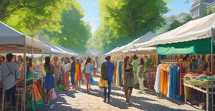 A bustling sustainable fashion market with colorful stalls and shoppers browsing eco-friendly clothing.
