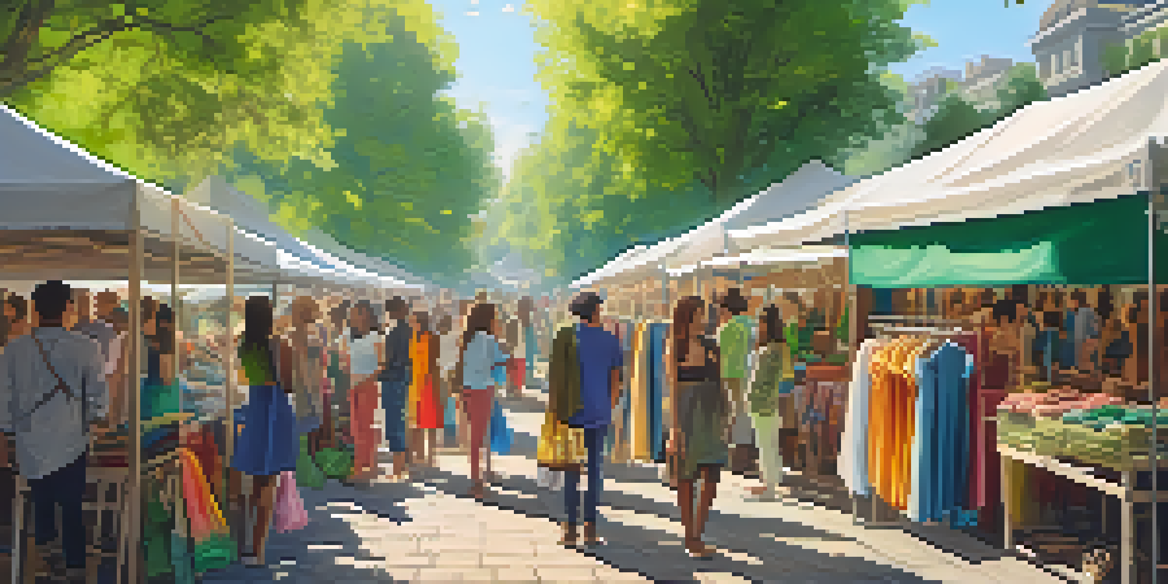 A bustling sustainable fashion market with colorful stalls and shoppers browsing eco-friendly clothing.