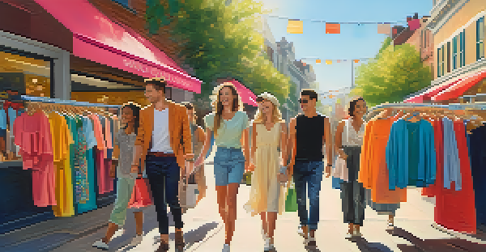 A group of friends enjoying a shopping day outdoors, surrounded by colorful clothing displays, with sunlight illuminating their cheerful expressions.
