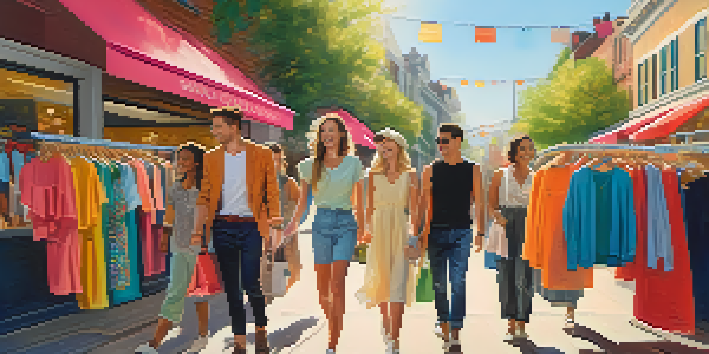 A group of friends enjoying a shopping day outdoors, surrounded by colorful clothing displays, with sunlight illuminating their cheerful expressions.