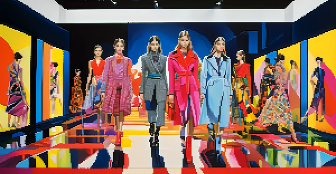 A fashion runway with models wearing avant-garde outfits and colorful lighting, featuring an abstract art installation in the background.
