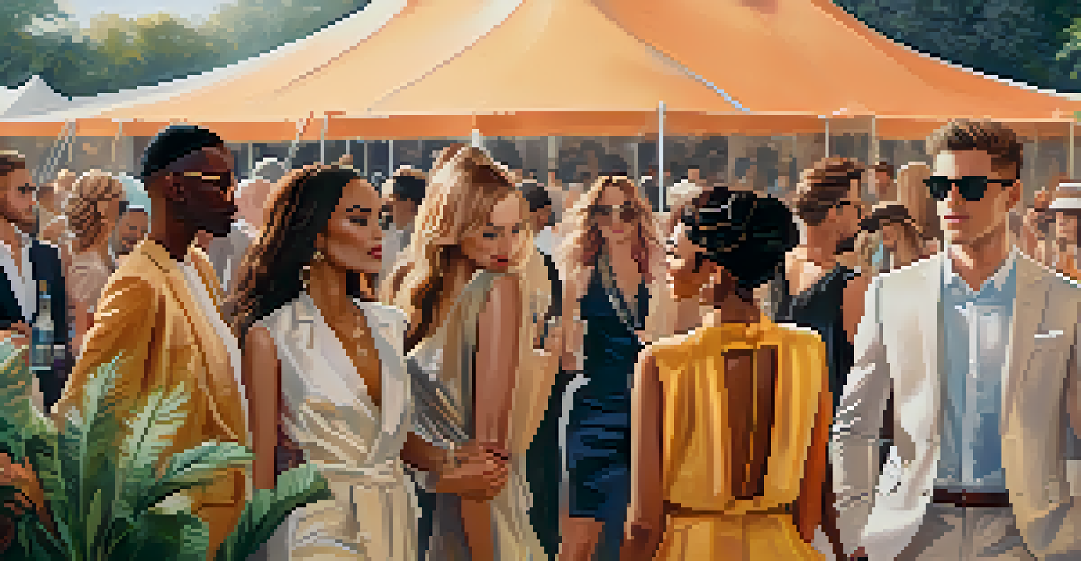 A lively outdoor fashion event with influencers showcasing their outfits amidst elegant tents and decorative plants.