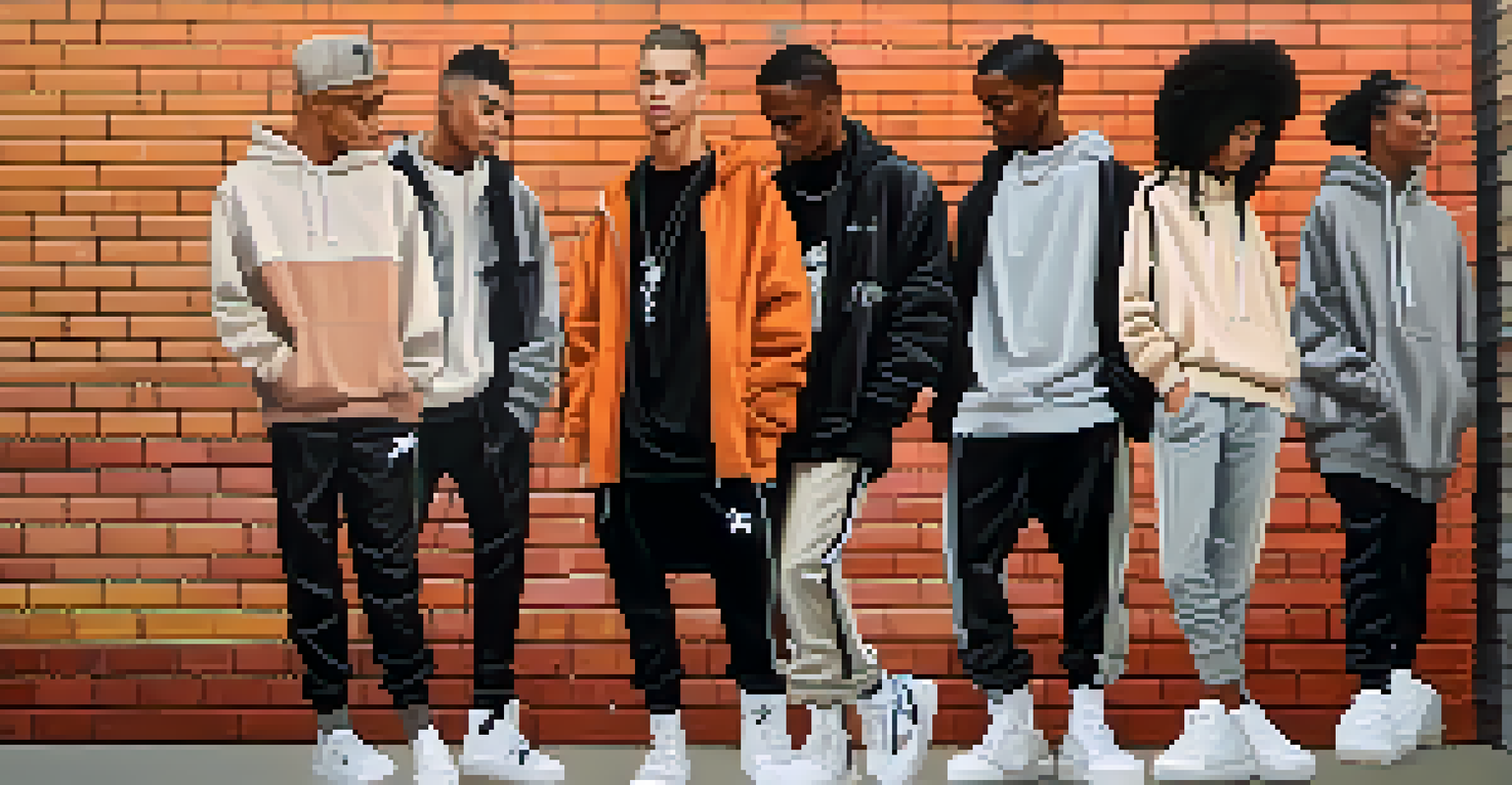A group of diverse models showcasing minimalist streetwear in an urban environment, with graffiti in the background.