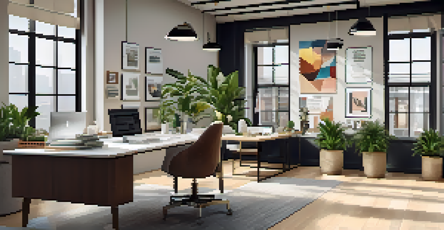 A stylish modern fashion PR office with mood boards, a laptop on a desk, and natural light coming through a large window.