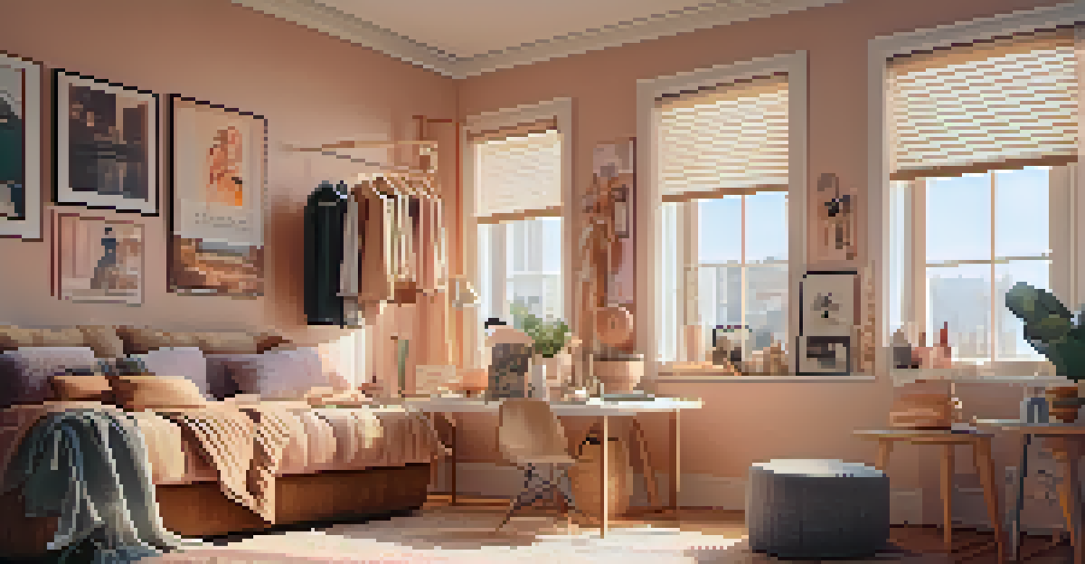 A micro-influencer filming a fashion haul video in a cozy room filled with stylish clothing, illuminated by soft natural light.