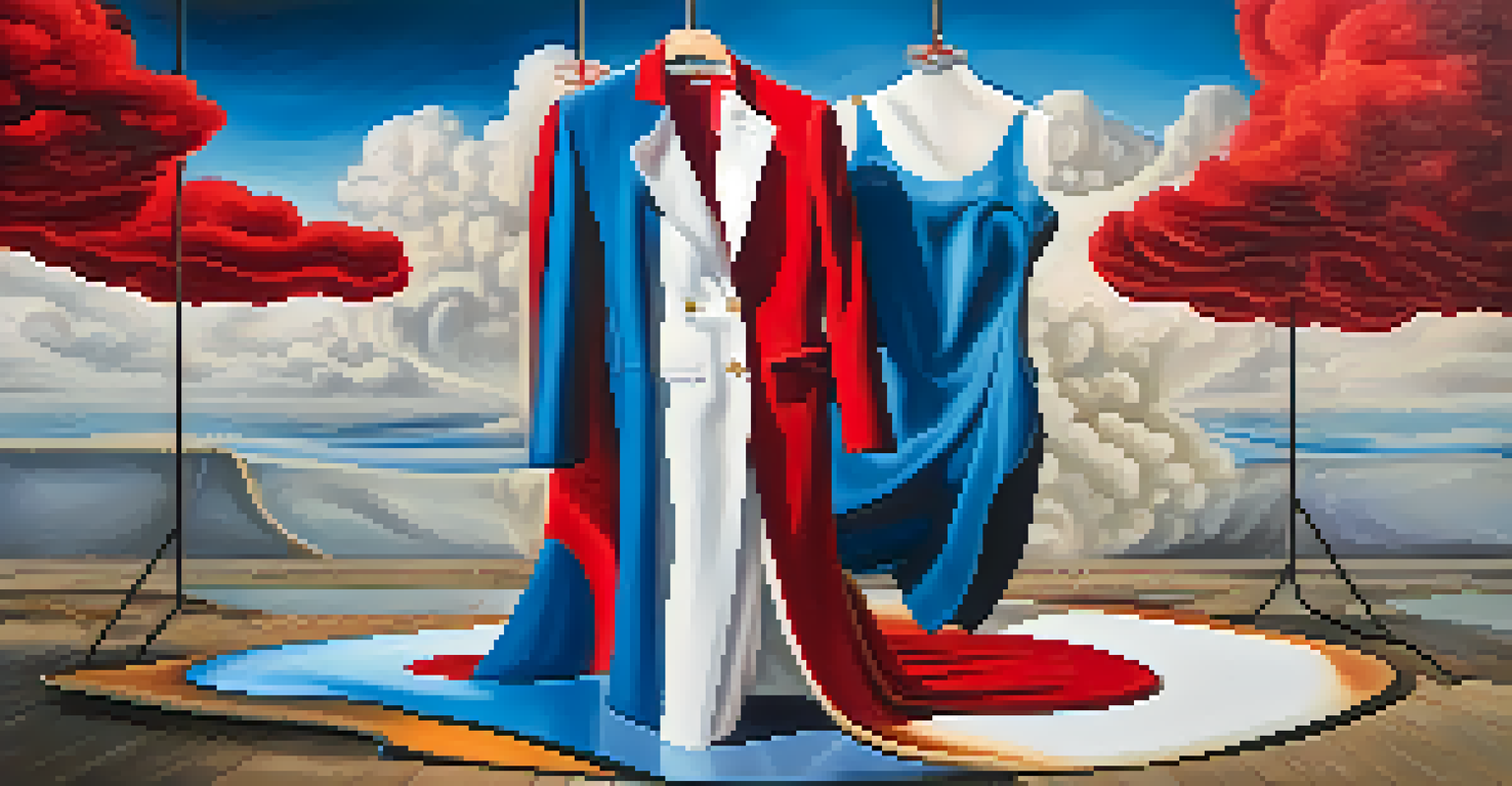 A surreal fashion garment inspired by Salvador Dalí, displayed against a backdrop of a distorted clock and whimsical clouds.