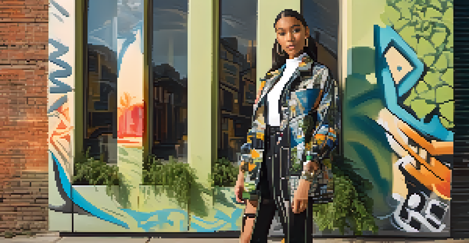 A fashion influencer posing in an urban setting, blending traditional and modern styles against a backdrop of graffiti and greenery.