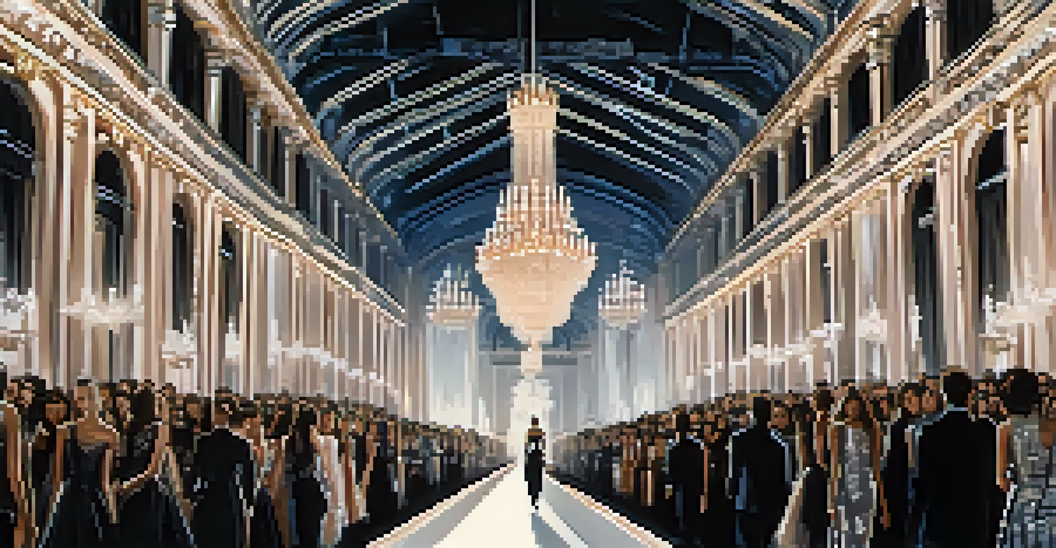 Models walking on a runway during Paris Fashion Week, showcasing haute couture designs under dramatic lighting.