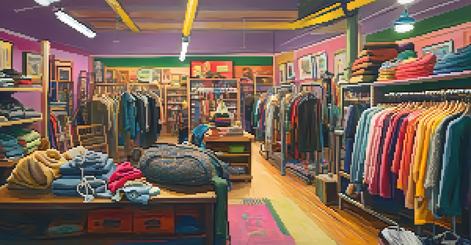 Interior of a vibrant thrift shop filled with second-hand clothing on colorful racks, with shoppers browsing and interacting in a cozy atmosphere.