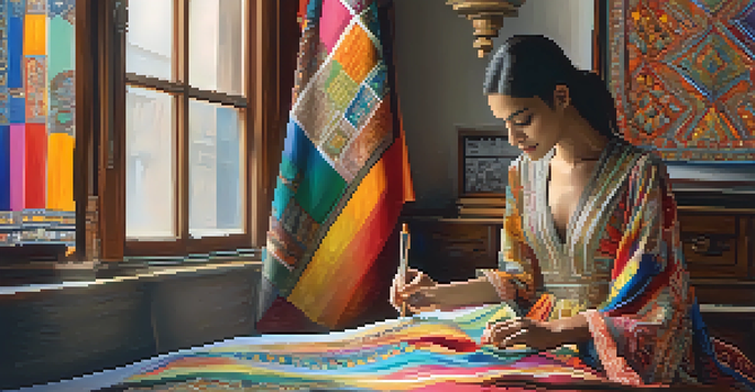 A designer sketches a colorful dress with cultural motifs, surrounded by vibrant fabrics and natural light.