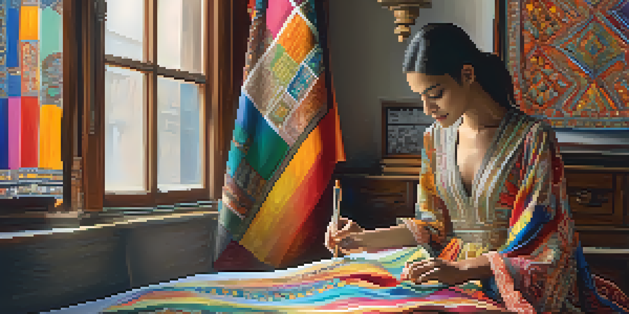 A designer sketches a colorful dress with cultural motifs, surrounded by vibrant fabrics and natural light.