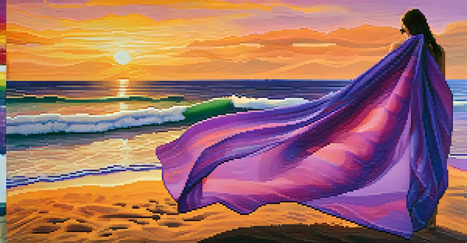An outdoor image of a fabric banner with wave patterns inspired by ocean currents, set against a beach at sunset with vibrant colors reflecting on the water.
