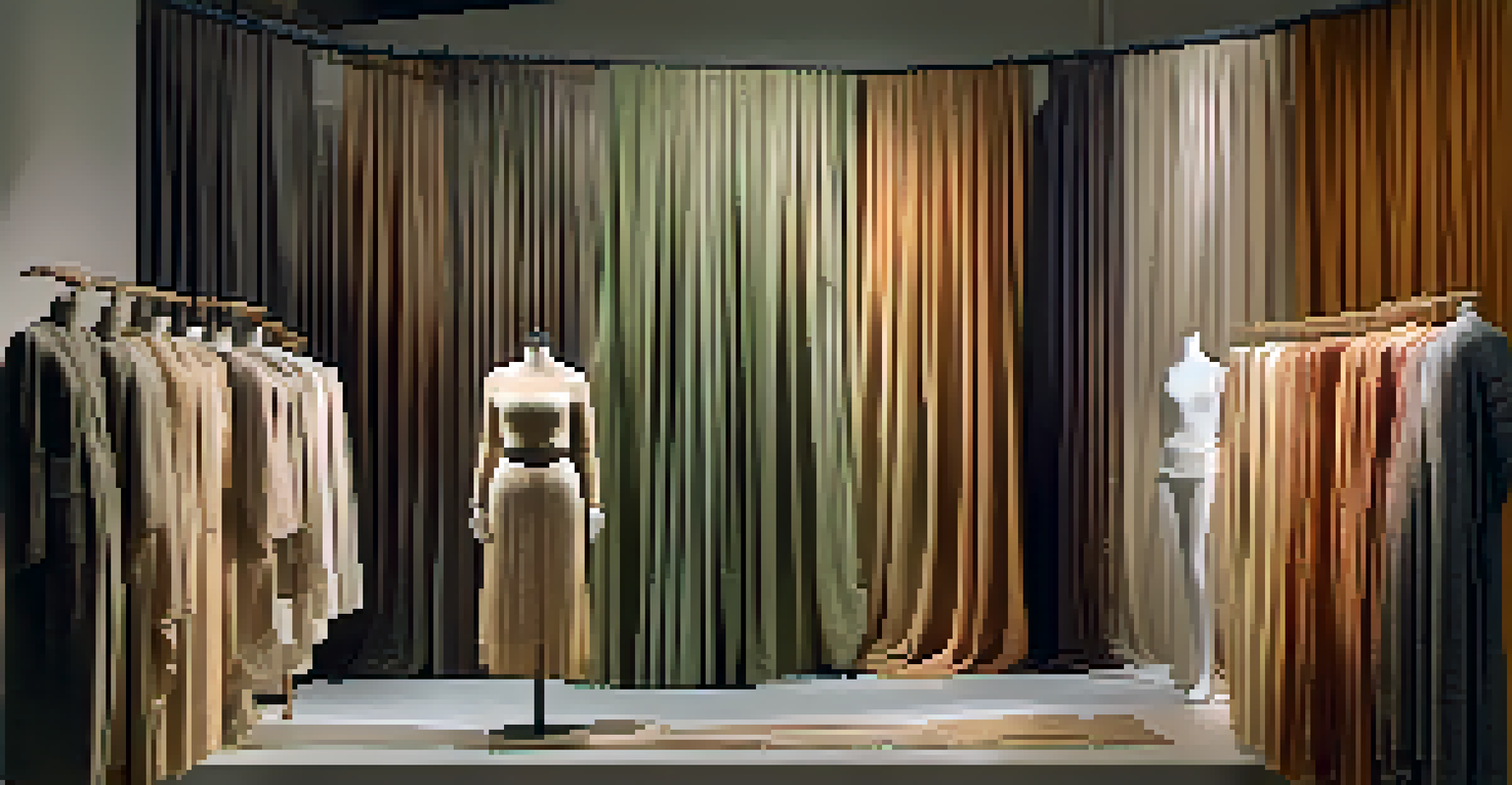 An arrangement of sustainable fabrics on a mannequin, featuring labels and warm lighting to highlight their textures.
