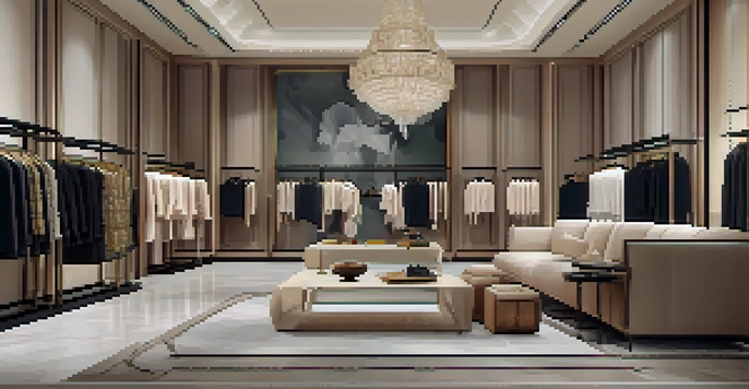 An elegant fashion boutique interior with clothing displays, soft lighting, and luxurious decor.