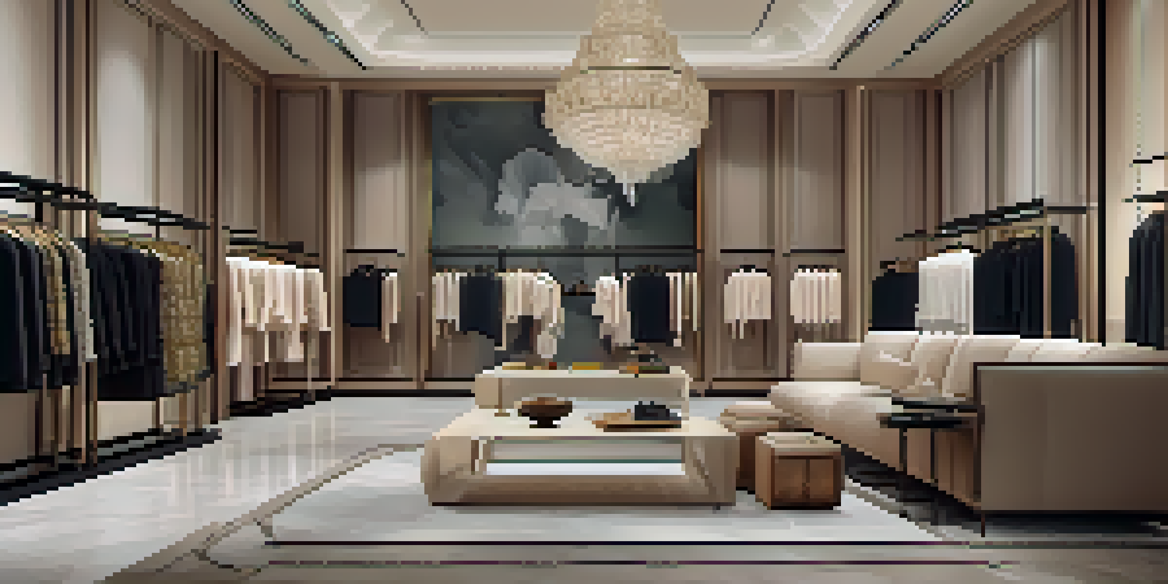An elegant fashion boutique interior with clothing displays, soft lighting, and luxurious decor.