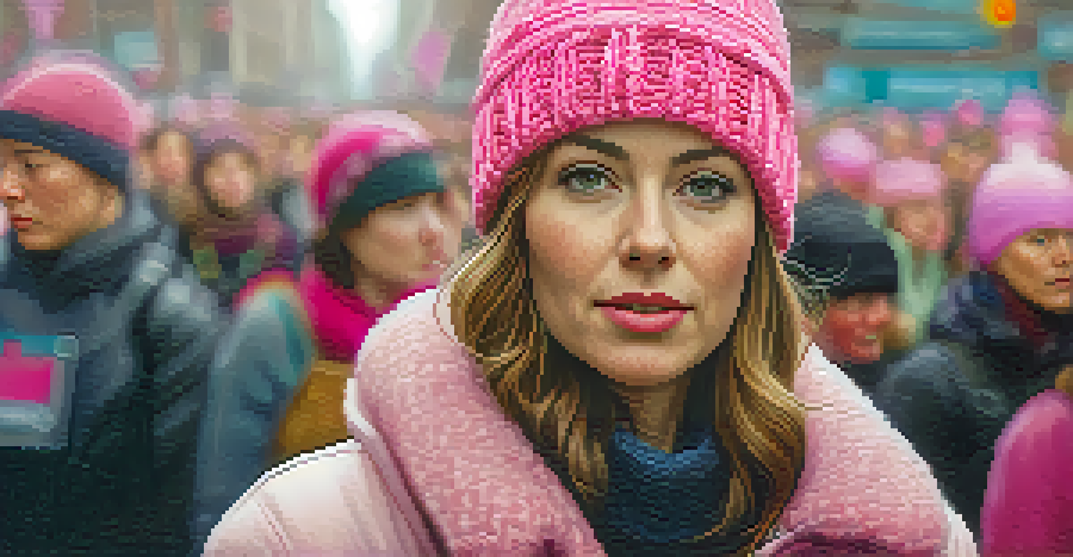 Close-up of a woman wearing a pink knitted hat, exuding confidence amidst a background of blurred protest signs.
