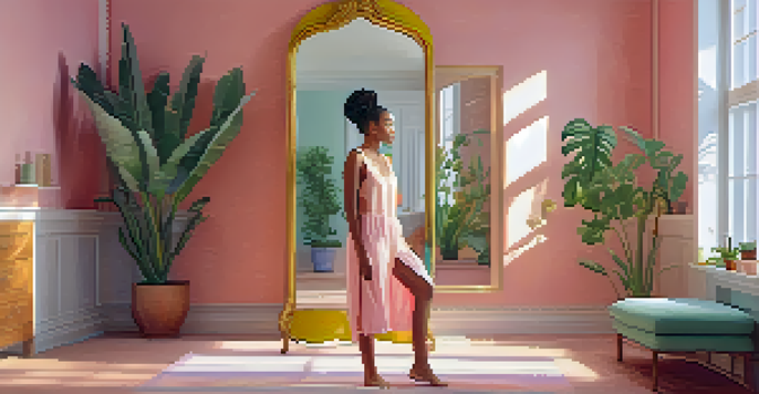 A woman in a colorful outfit looking at herself in a mirror, surrounded by a warm, inviting room with soft lighting and pastel decor.