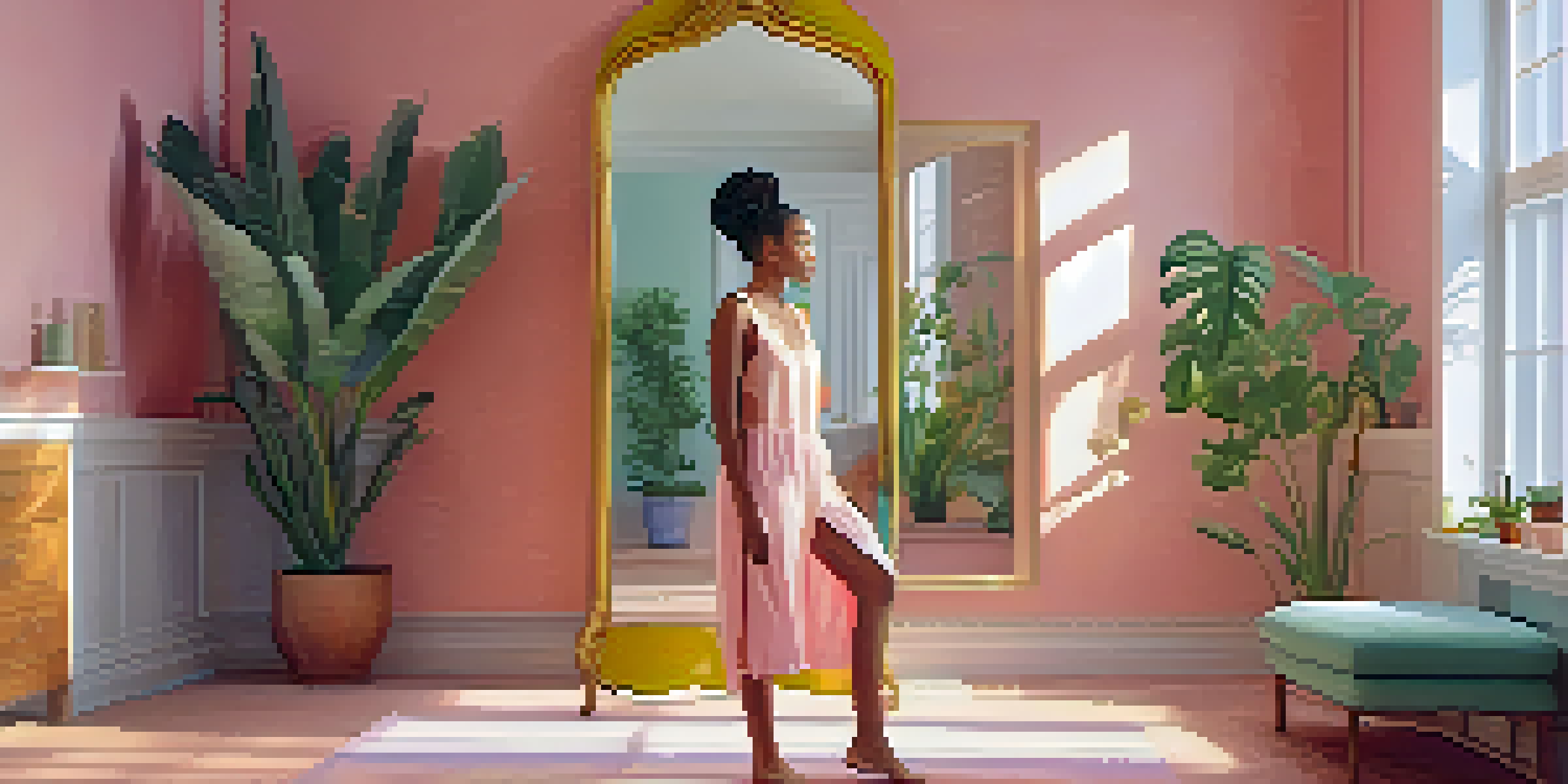 A woman in a colorful outfit looking at herself in a mirror, surrounded by a warm, inviting room with soft lighting and pastel decor.