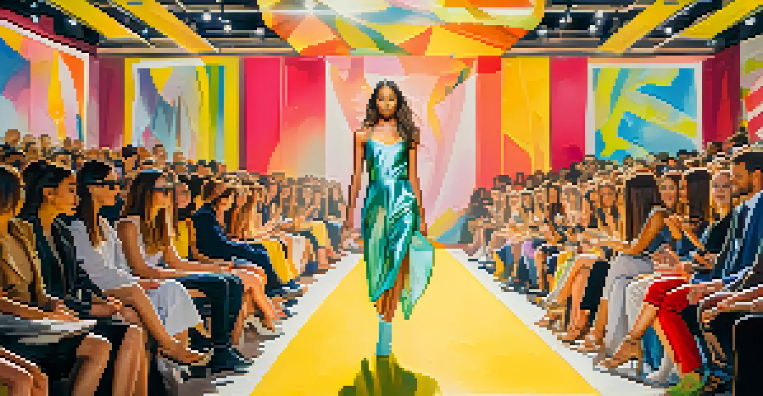 Models showcasing sustainable fashion on a runway, with an engaging audience and eco-friendly stage design, highlighting vibrant colors and dynamic energy.