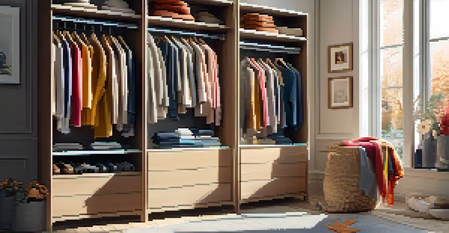 A closet displaying a mix of summer and autumn clothing, including light sweaters and vibrant scarves, with sunlight creating a warm atmosphere.