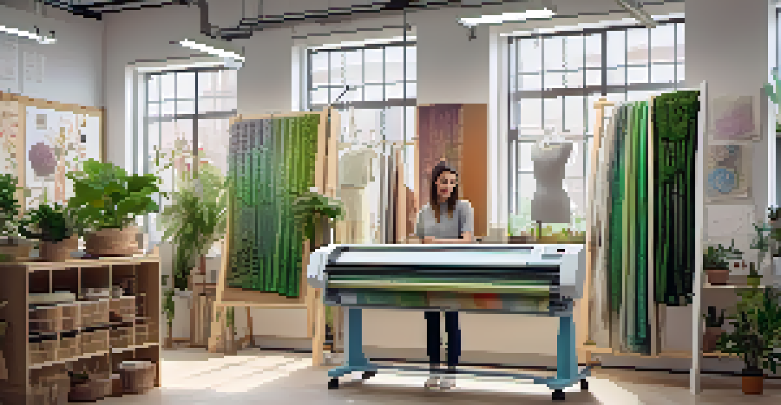 A fashion designer in a studio using a digital knitting machine, with sustainable materials and sketches in the background.
