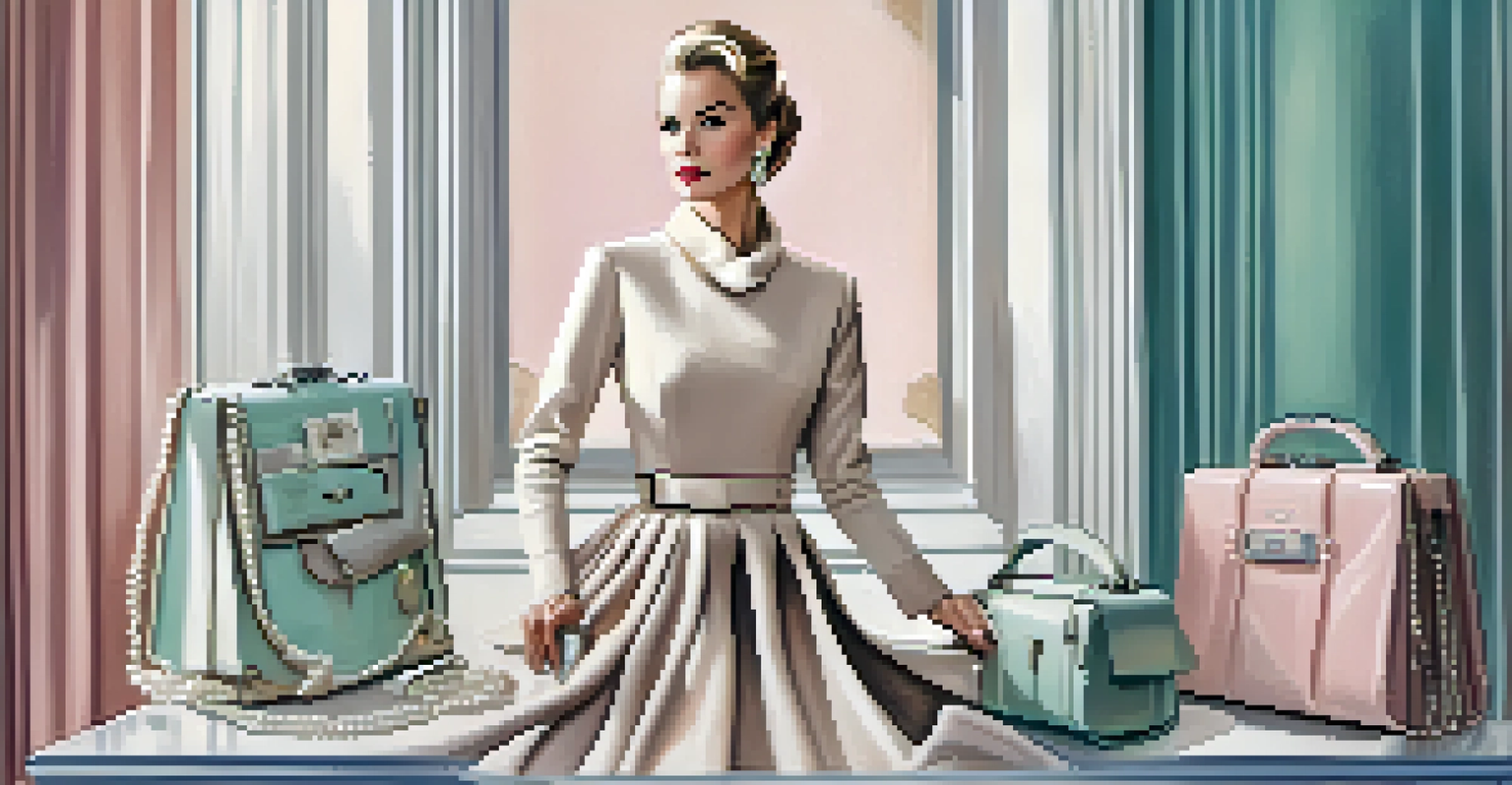 A fashion illustration of a modern royal woman inspired by Grace Kelly, featuring a sophisticated outfit and the 'Kelly bag'.