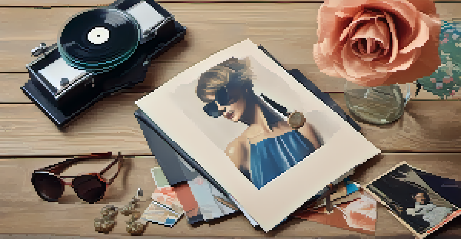 A flat lay of vintage fashion items including a vinyl record, retro sunglasses, and high-heeled shoes on a textured wooden surface.