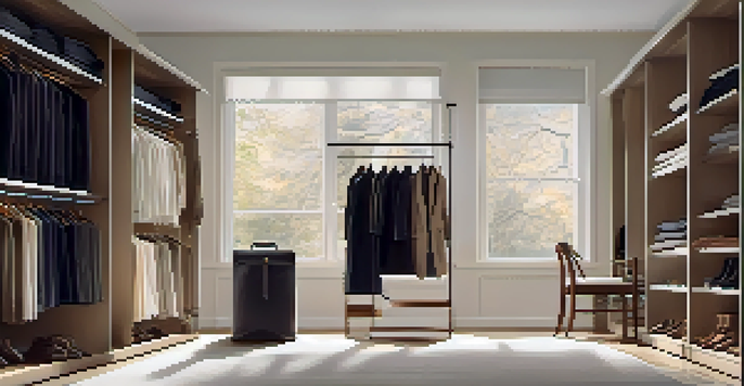 A neatly arranged minimalist wardrobe with essential clothing items in neutral colors, illuminated by soft natural light.