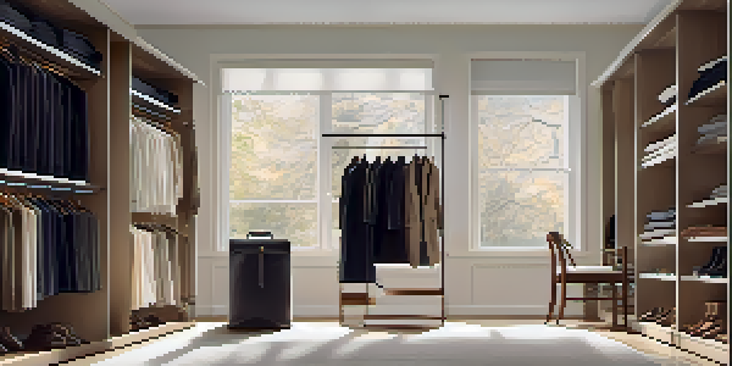 A neatly arranged minimalist wardrobe with essential clothing items in neutral colors, illuminated by soft natural light.