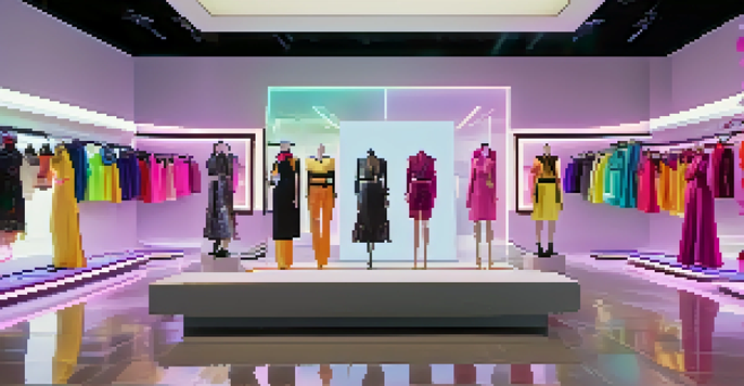 A virtual reality fashion showroom showcasing digital avatars in colorful outfits with interactive screens and soft ambient lighting.