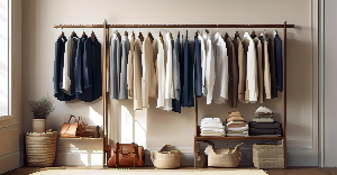 A well-organized wardrobe showcasing a classic white shirt, a tailored blazer, and stylish jeans on wooden hangers, illuminated by warm natural light.