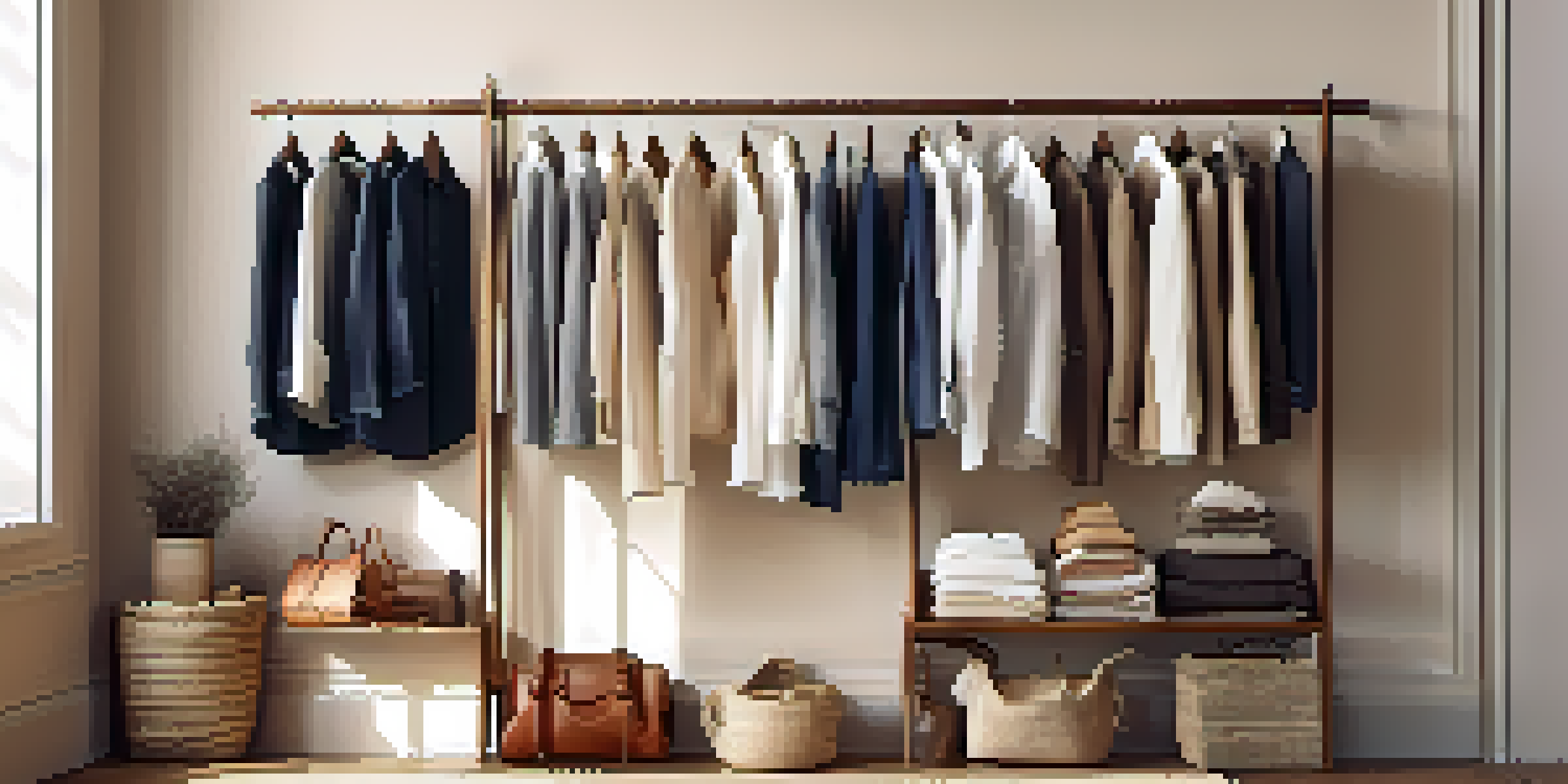 A well-organized wardrobe showcasing a classic white shirt, a tailored blazer, and stylish jeans on wooden hangers, illuminated by warm natural light.