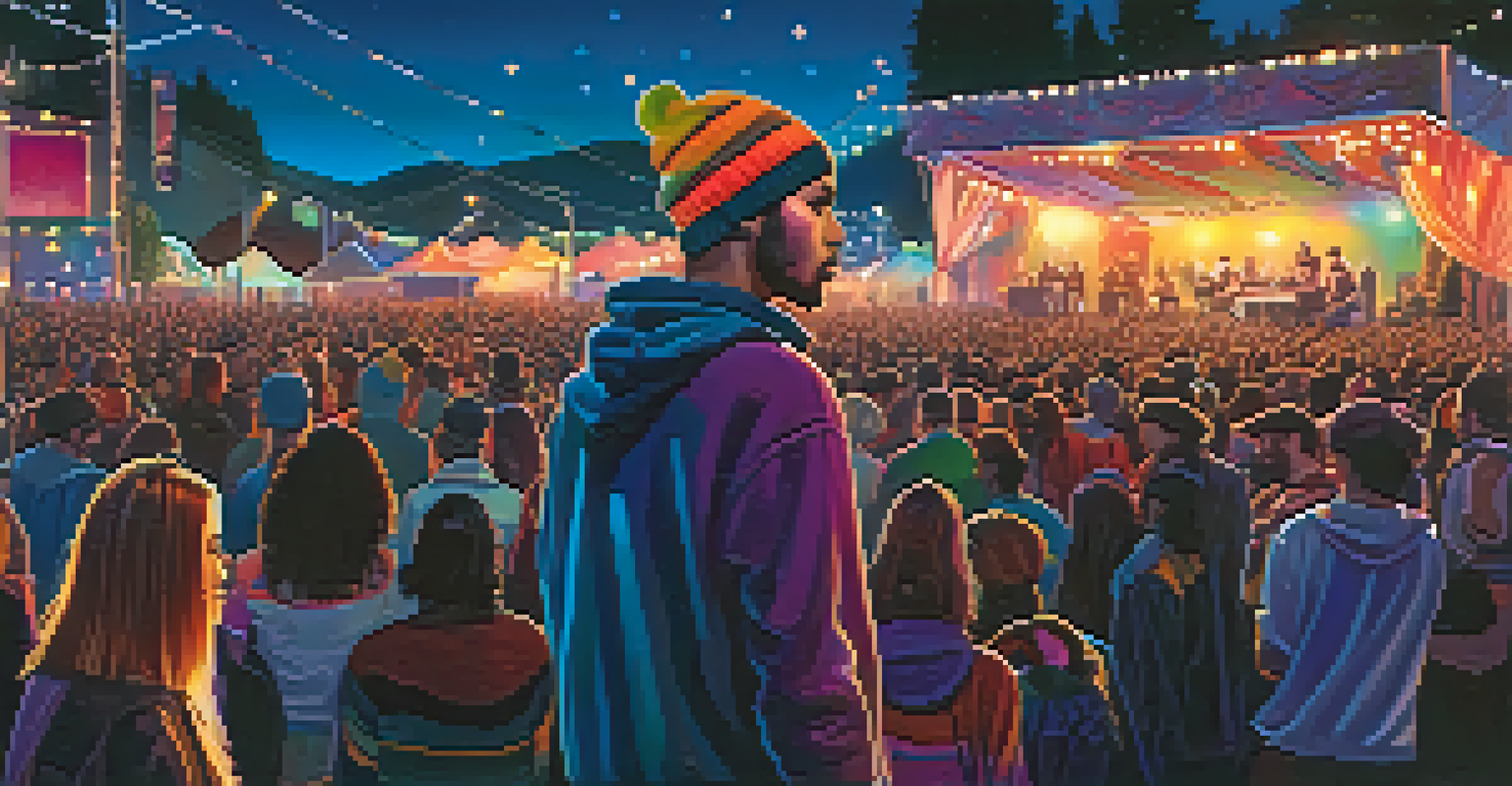 A lively outdoor music festival with a crowd in grunge-inspired outfits and a band performing on stage.
