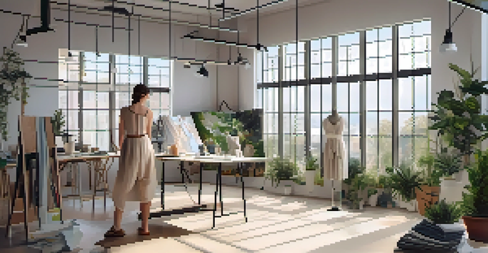 A designer in a bright fashion studio, working on sustainable clothing, surrounded by fabric swatches and fashion photography.