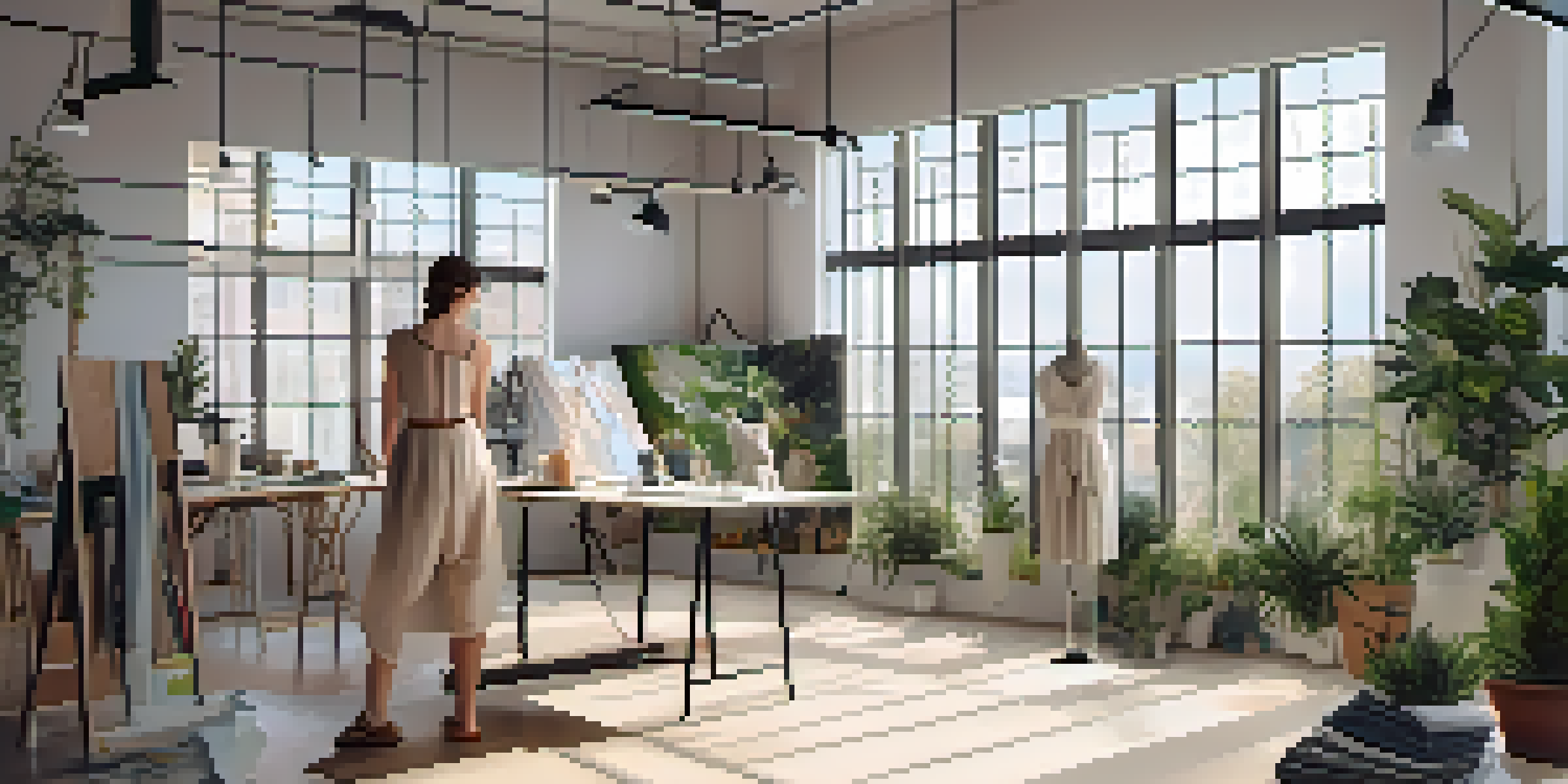 A designer in a bright fashion studio, working on sustainable clothing, surrounded by fabric swatches and fashion photography.